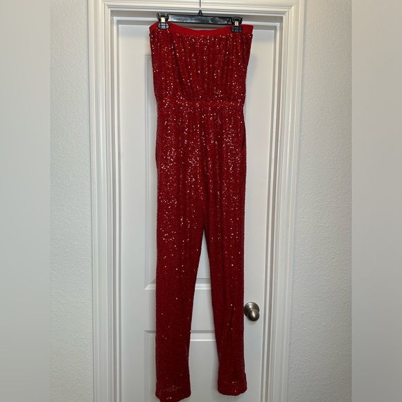New Red Sequin Strapless Tube Straight Leg Jumpsuit size medium - Picture 5 of 6